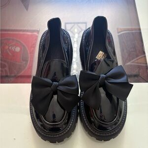 New Black Patent Bow Platform Loafers Chunky Lug Sole Slip On Size 10